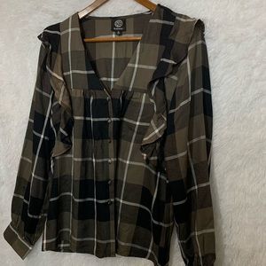 Bobeau Women Brown Long Sleeve Button-Down Blouse Over Sized Small 10160